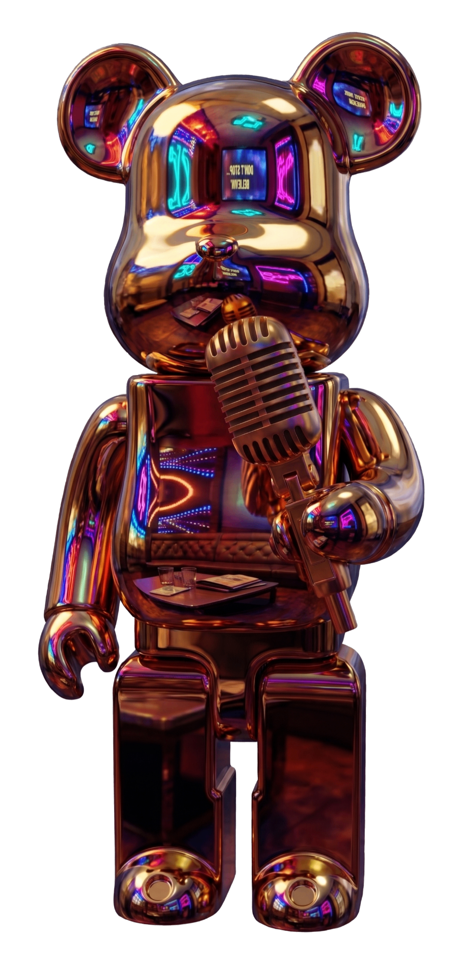 Chrome bear figure holding a vintage microphone